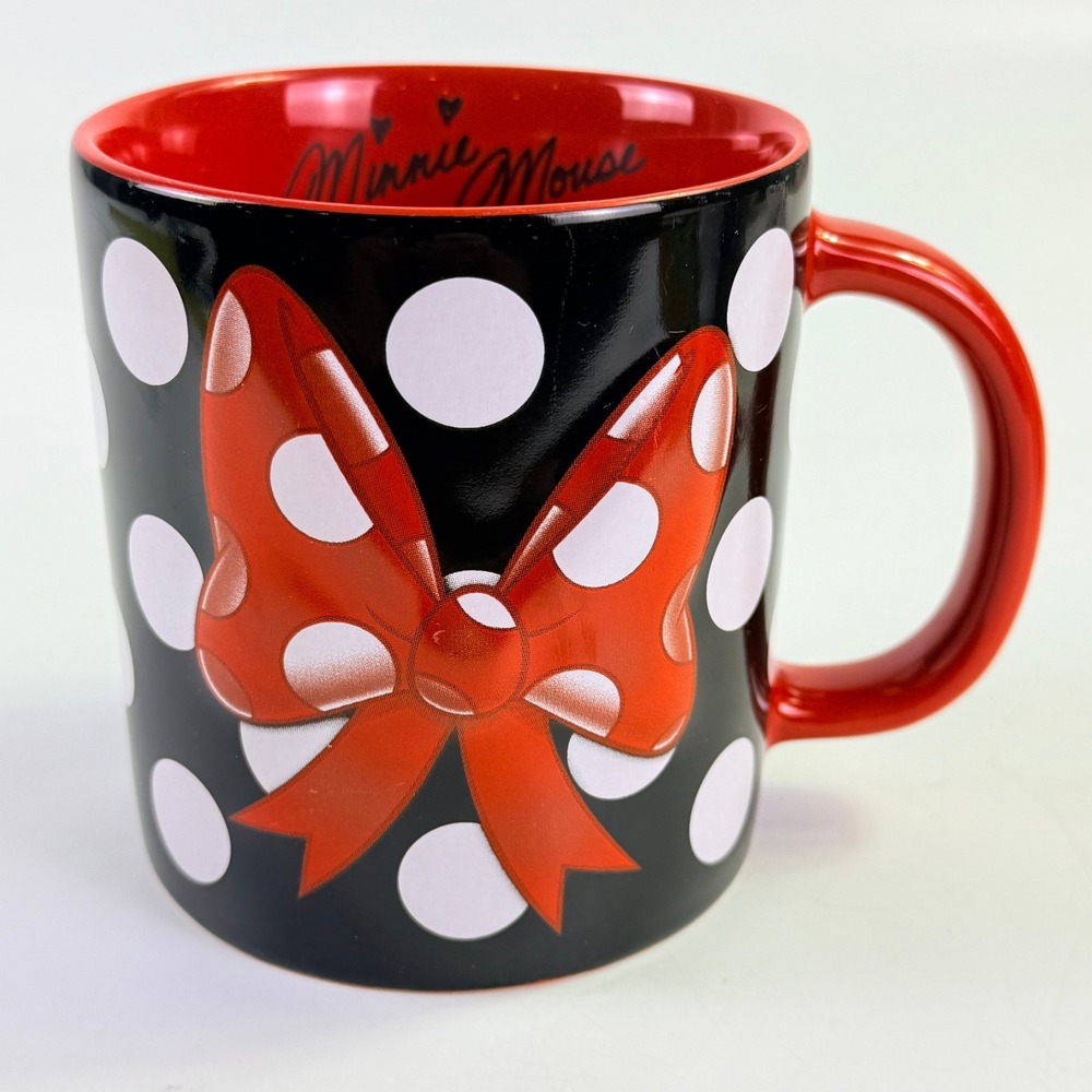 Disney Parks Minnie Mouse Mug Black Red White Polka Dot 3D Bow Excellent Ceramic